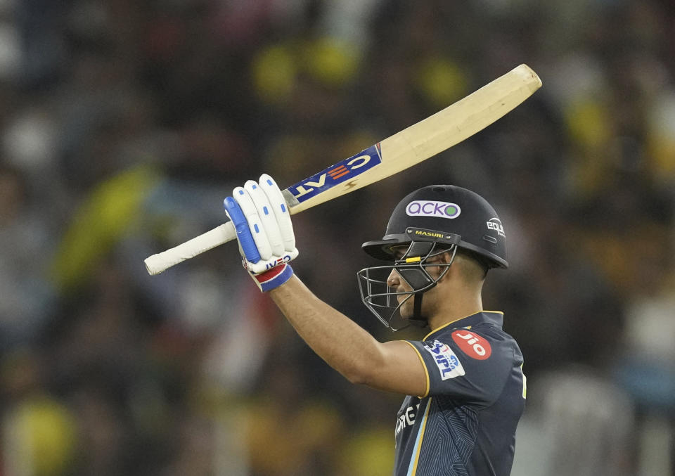 Gujarat Titans' Shubman Gill celebrates scoring fifty runs during the Indian Premier League (IPL) match between Gujarat Titans and Chennai Super Kings in Ahmedabad, India, Friday, March 31, 2023. (AP Photo/Ajit Solanki)