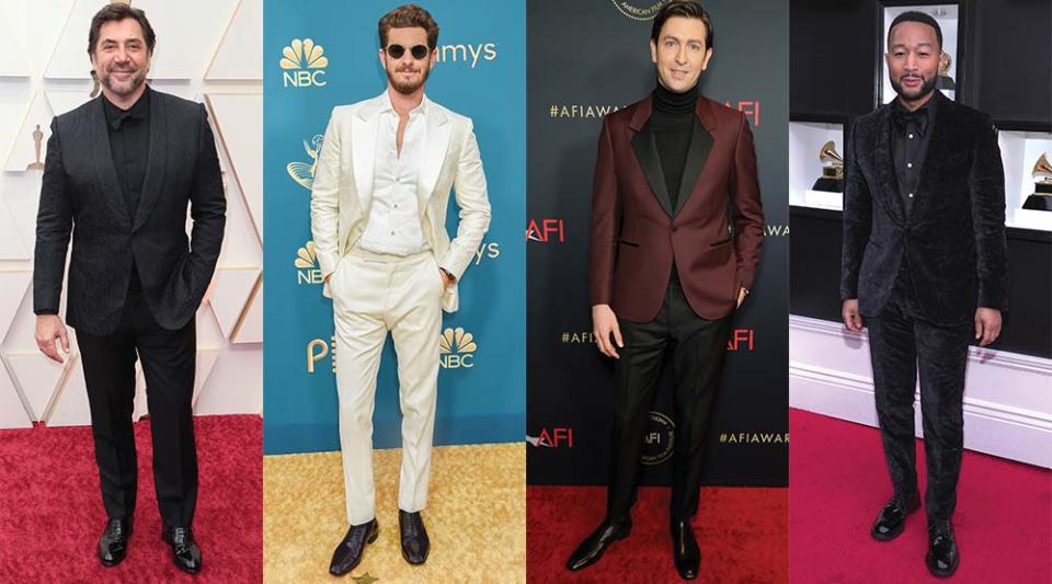 rom left: Javier Bardem at the Oscars, Andrew Garfield at the Emmys, Nicholas Braun at the AFI Awards luncheon and John Legend at the Grammys, all in Zegna.