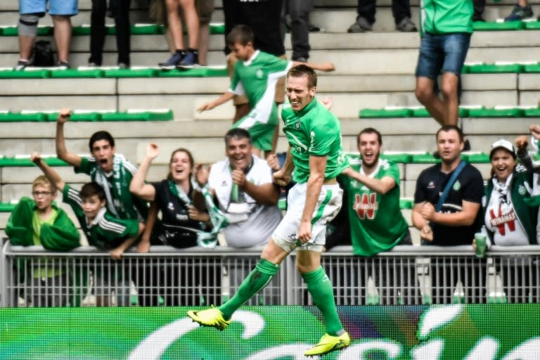 Saint-Etienne's forward Robert Beric celebrates after scoring on September 25, 2016