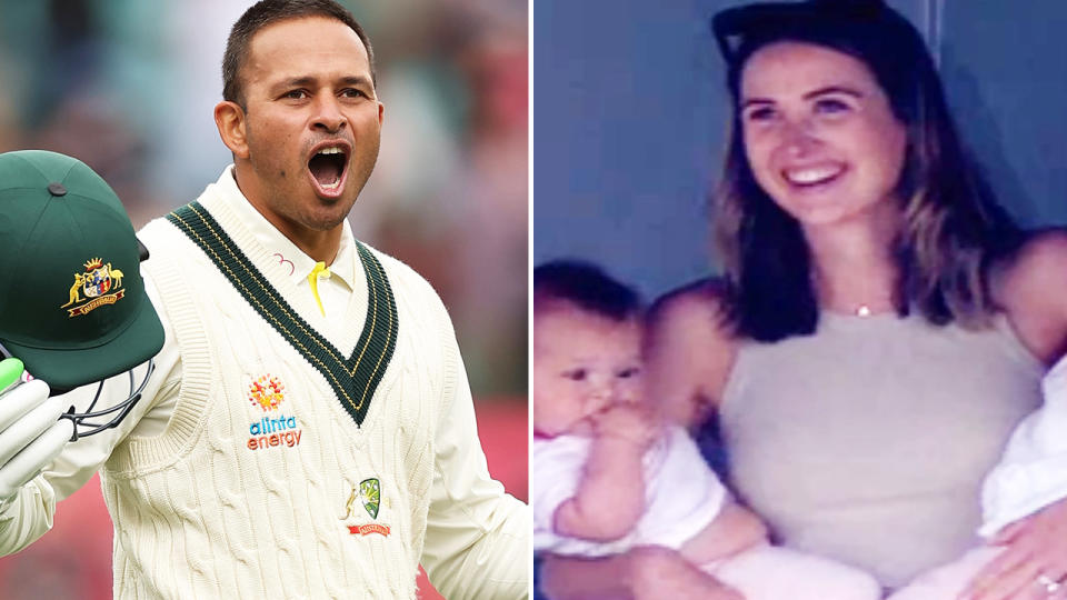 Usman Khawaja, pictured here after scoring his fourth century at the SCG as his wife and children looked on. 