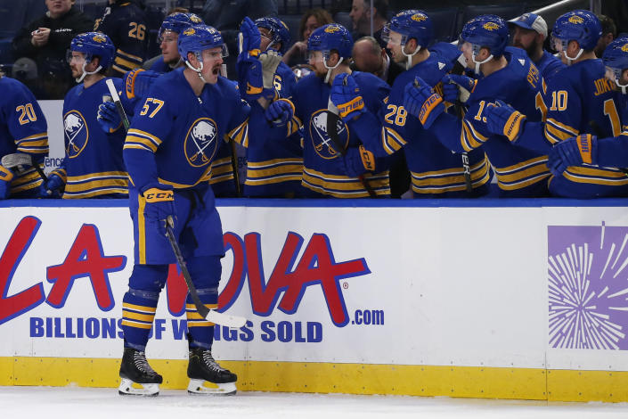 Buffalo Sabres left wing Brett Murray (57) celebrates after his goal during the second period of an NHL hockey game against the Seattle Kraken, Monday, Nov. 29, 2021, in Buffalo, N.Y. (AP Photo/Jeffrey T. Barnes)