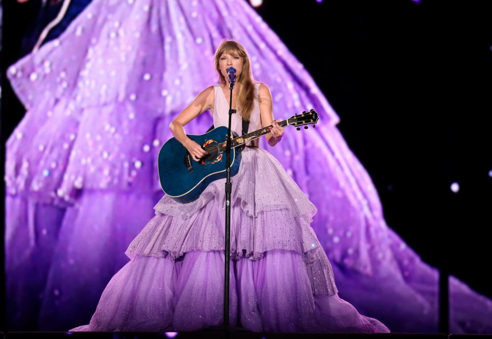 Taylor Swift performs onstage for night one of Taylor Swift | The Eras Tour at GEHA Field at Arrowhead Stadium on July 07, 2023 in Kansas City, Missouri.