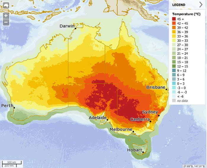 Most of the country will be sweltering above 30C on Friday, with western NSW and SA in the high 40s. Source: BOM