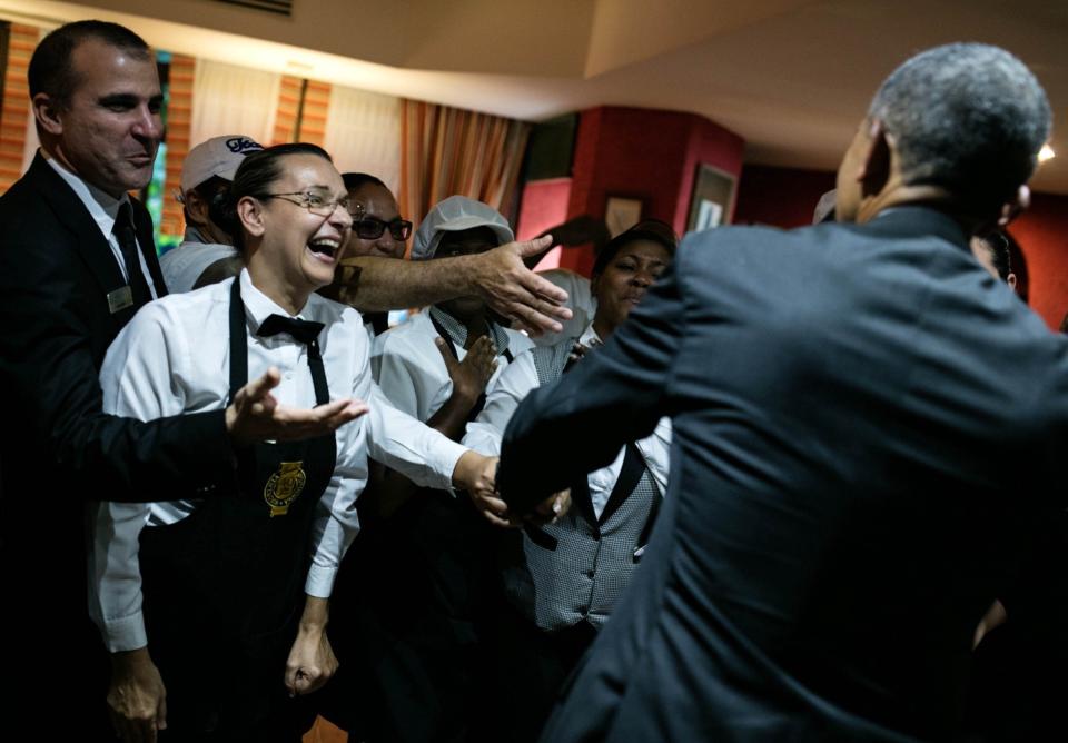 Obama greets hotel workers in Havana.