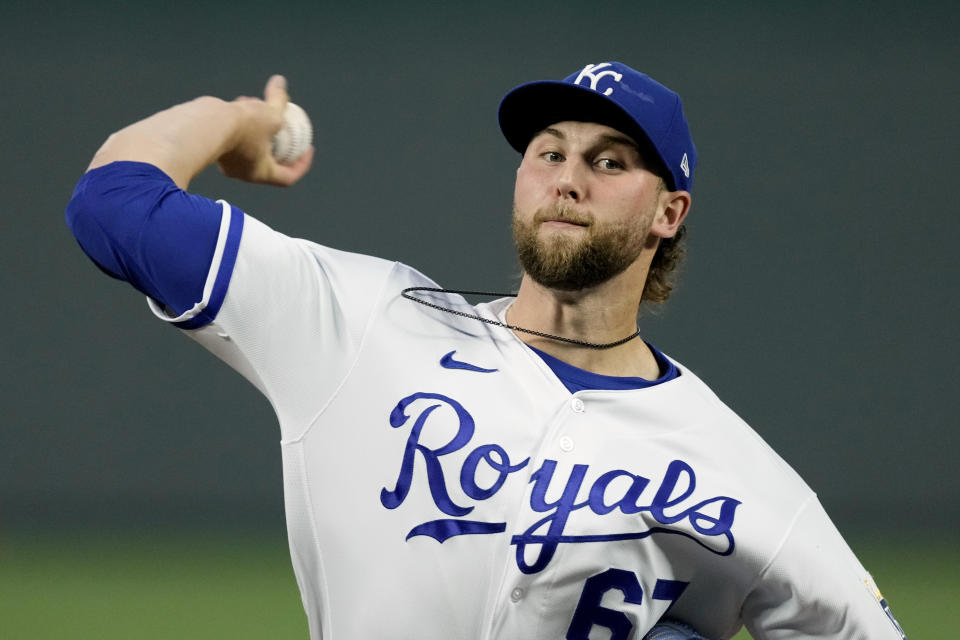 Kansas City Royals starting pitcher Alec Marsh throws during the third inning of a baseball game against the Kansas City Royals Tuesday, Sept. 19, 2023, in Kansas City, Mo. (AP Photo/Charlie Riedel)