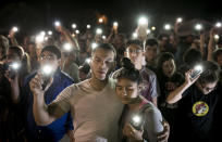 <p>Matthew Mata and Erika Gonzalez participate in a memorial service for the victims of Sunday’s church shooting in Sutherland Springs, Texas, Monday, Nov. 6, 2017. The gunman of the deadly shooting had a history of domestic violence and sent threatening text messages to his mother-in-law, a member of First Baptist, before the attack in which he fired at least 450 rounds at helpless worshippers, authorities said Monday. (Photo: Jay Janner/Austin American-Statesman via AP) </p>