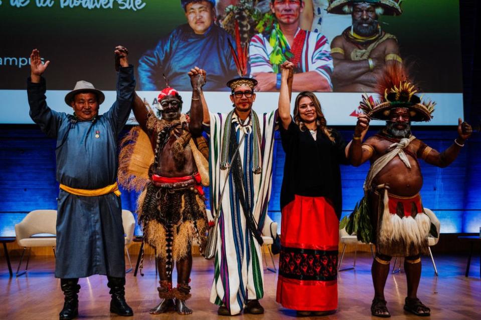 Protagonists of the ARTE documentary "Guardians of the Forest" (from L) Mongoloia's Tumursukh Jal, Gabon's Hilarion Kassa Moussavou, Brazil's Benki Piyako, Canada's Twyla Edgi-Masuzumi and Papua New Guinea's Mundiya Kepanga pose for a photograph.