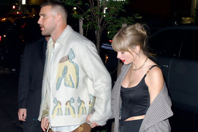 <p>BeautifulSignatureIG / SplashNews.com</p> Taylor Swift and Travis Kelce arrive at the "SNL" after-party at Catch Steak in N.Y.C..