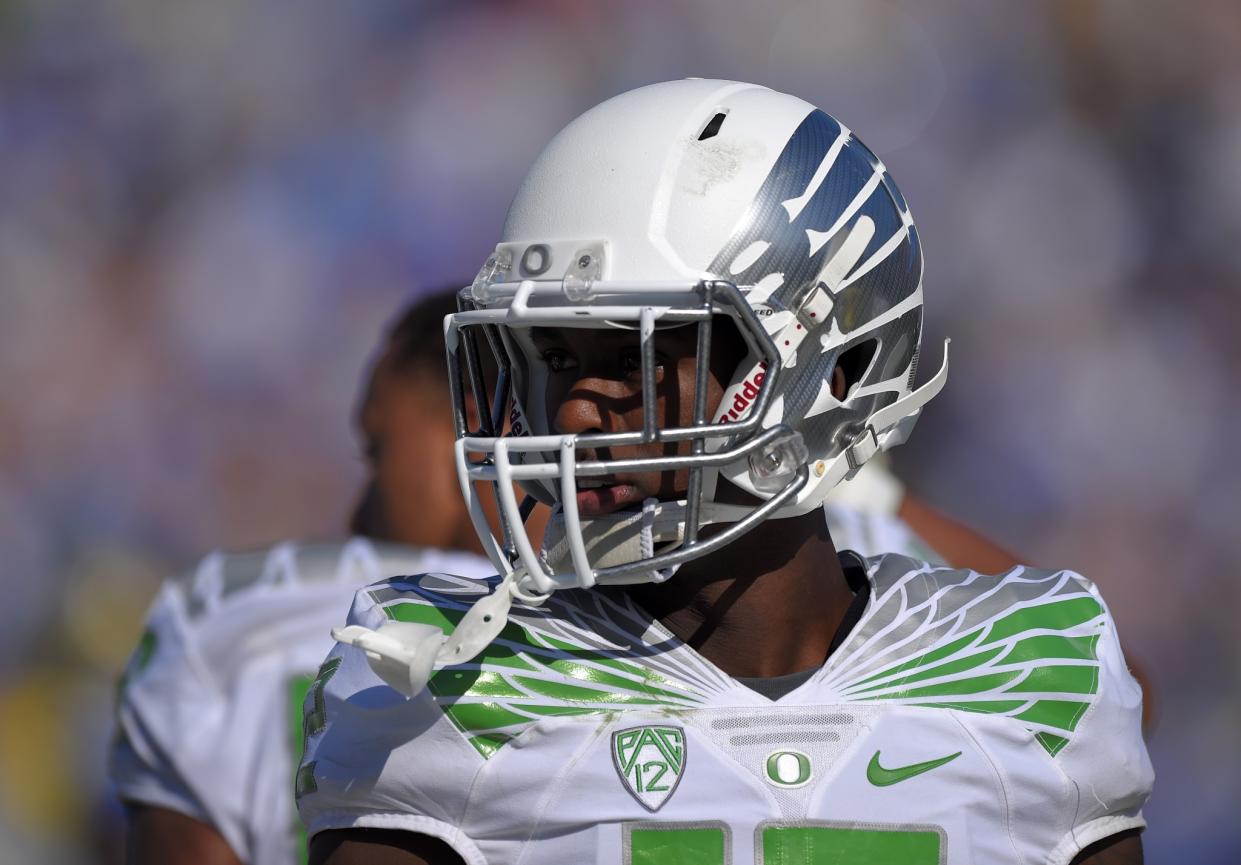 Oregon defensive back Chris Seisay looks on during the second half of a NCAA college football game against UCLA, Saturday, Oct. 11, 2014, in Pasadena, Calif. Oregon won 42-30. (AP Photo/Mark J. Terrill)