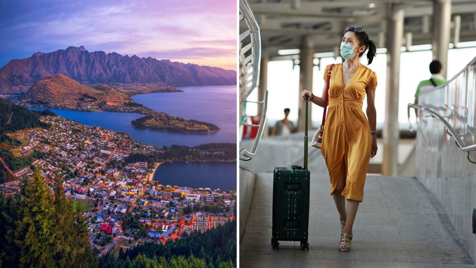 A panorama of New Zealand town of Queenstown on the left and a woman in a yellow dress and protective mask walking through an airport.