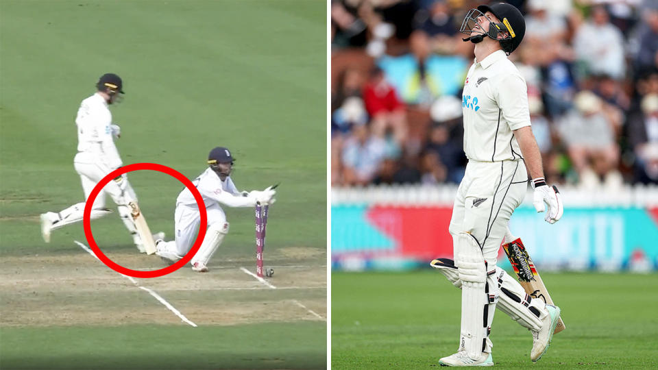 The moment Michael Bracewell was run-out is highlighted left, with the New Zealand batsman looking up in frustration on the right.