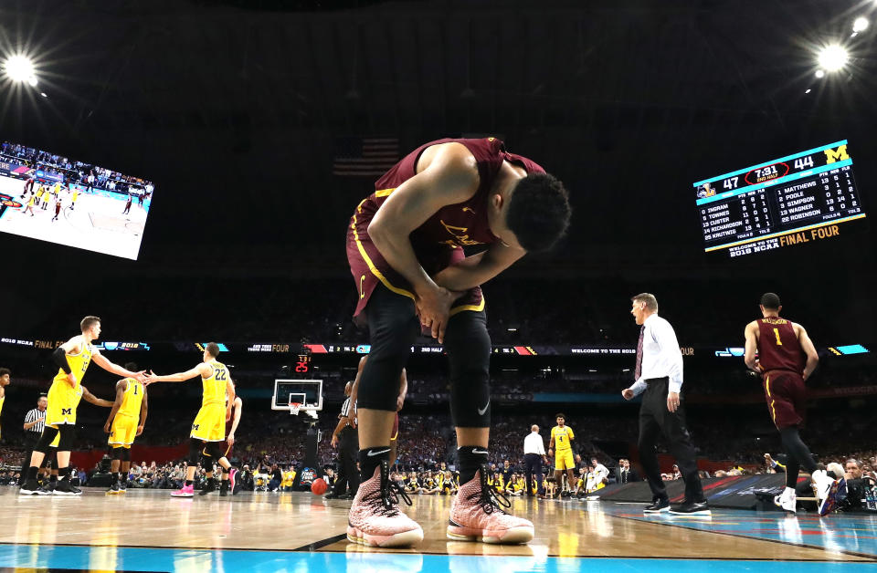 <p>Marques Townes #5 of the Loyola Ramblers reacts in the second half against the Michigan Wolverines during the 2018 NCAA Men’s Final Four Semifinal at the Alamodome on March 31, 2018 in San Antonio, Texas. (Photo by Ronald Martinez/Getty Images) </p>