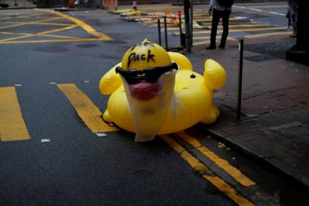 An inflatable duck is seen during an anti-government rally in central Hong Kong