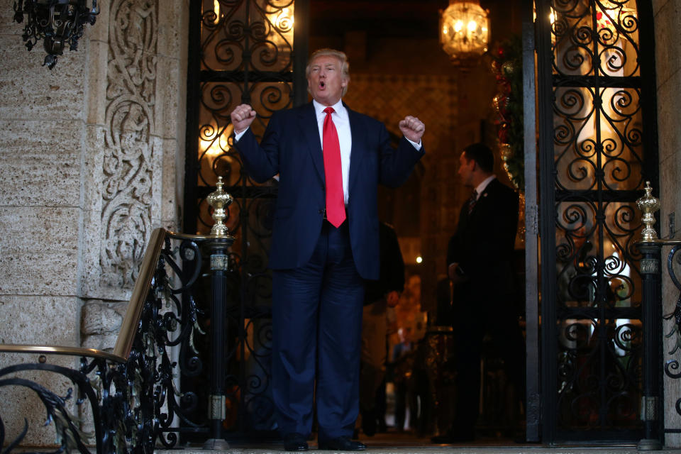 President-elect Donald Trump talks to members of the media after a meeting with Pentagon officials at Mar-a-Lago estate in Palm Beach, Florida, on Dec. 21, 2016.