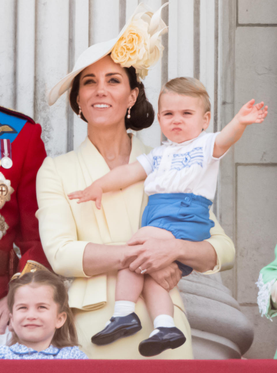 LONDON, ENGLAND - JUNE 08: Prince Louis,  Princess Charlotte  and Catherine, Duchess of Cambridge appear on the balcony during Trooping The Colour, the Queen's annual birthday parade, on June 08, 2019 in London, England. (Photo by Samir Hussein/WireImage)