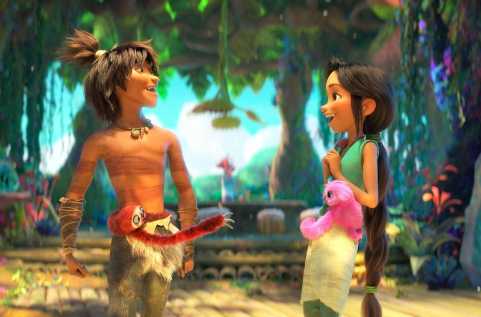  Guy (Ryan Reynolds) and Dawn (Kelly Marie Tran) in The Croods: A New Age.  (Movie still: United International Pictures)