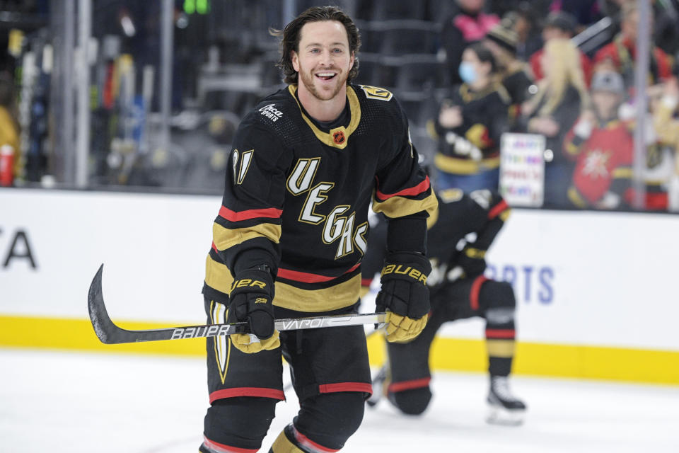 Vegas Golden Knights center Jonathan Marchessault (81) smiles while warming up before an NHL hockey game against the New York Islanders, Saturday, Dec. 17, 2022, in Las Vegas. (AP Photo/Sam Morris)