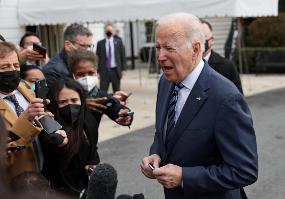 President Biden speaking to reporters outside the White House.