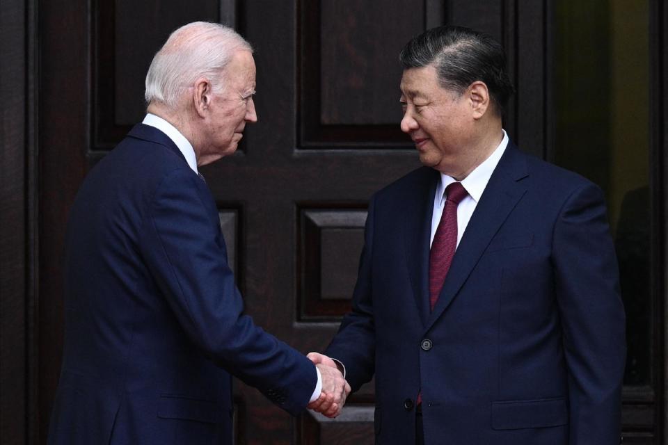 <span>US President Joe Biden greets Chinese President Xi Jinping before a meeting during the Asia-Pacific Economic Cooperation (APEC) Leaders' week in Woodside, California on November 15, 2023</span><div><span>Brendan SMIALOWSKI</span><span>AFP</span></div>