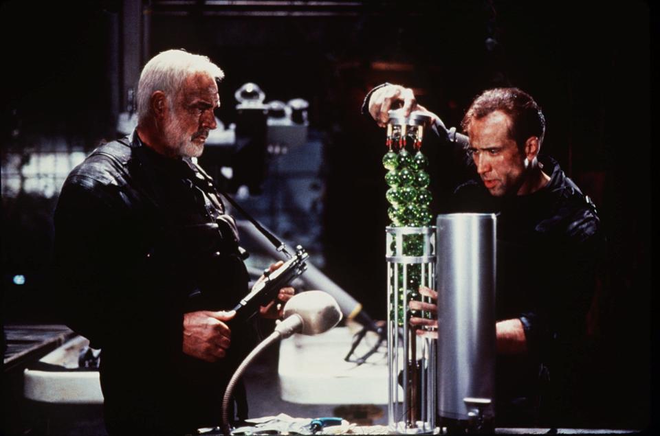 Sean Connery (left) and Nicholas Cage work together to stop a nerve gas attach on San Francisco in the 1996 movie "The Rock."