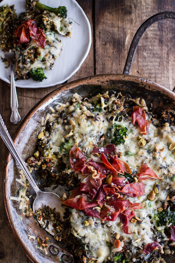 <strong>Get the <a href="http://www.halfbakedharvest.com/harissa-broccoli-spinach-wild-rice-casserole-crispy-prosciutto/" target="_blank">Harissa, Broccoli, Spinach, Wild Rice Casserole with Crispy Prosciutto recipe</a> from Half Baked Harvest</strong>