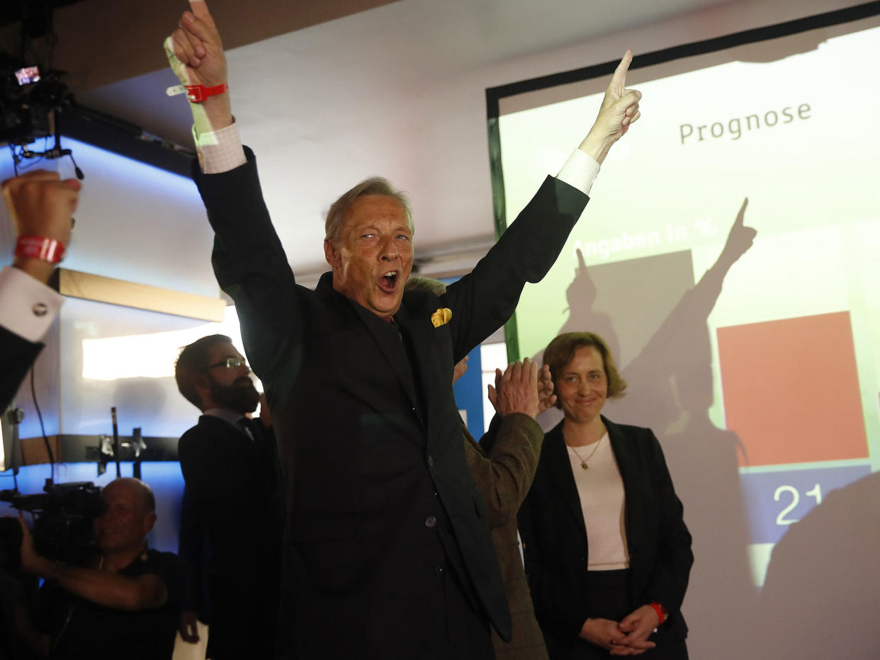 Armin-Paul Hampel of the anti-immigration party Alternative fuer Deutschland (AfD) reacts on first exit polls in the German general election: Reuters