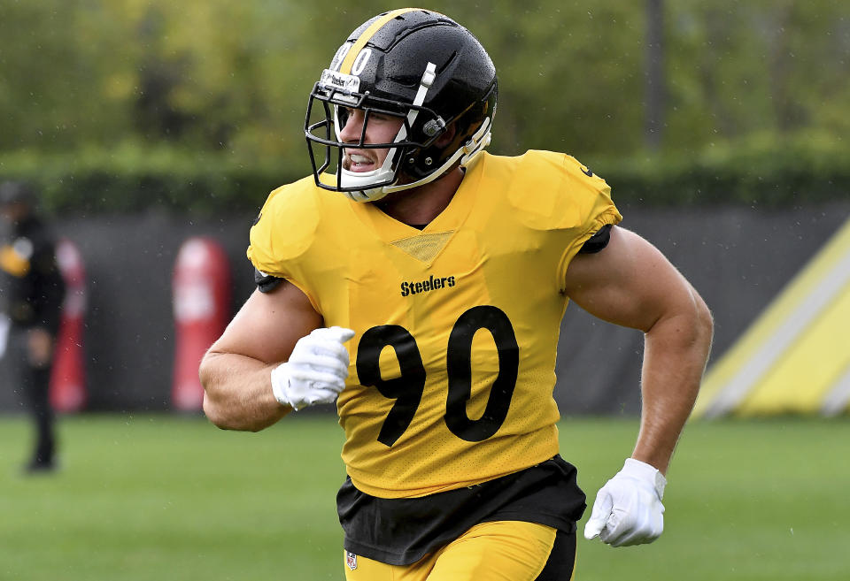 Steelers linebacker T.J. Watt works through drills during practice Wednesday, Sept. 8, 2021, at UPMC Rooney Sports Complex in Pittsburgh. (Matt Freed/Pittsburgh Post-Gazette via AP)