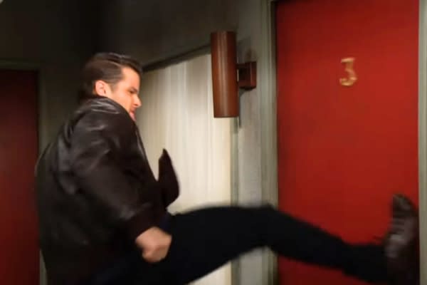 Best Rescue: Y&R’s Kyle kicked down the door to Jordan’s motel room to rescue Harrison.