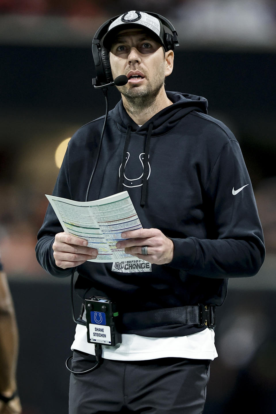 Indianapolis Colts head coach Shane Steichen walks the sidelines during the first half of an NFL football game against the Atlanta Falcons, Sunday, Dec. 24, 2023, in Atlanta. (AP Photo/Alex Slitz)