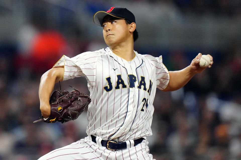 MIAMI, FL - MARCH 21:  Shota Imanaga #21 of Team Japan pitches in the first inning during the 2023 World Baseball Classic Championship game between Team USA and Team Japan at loanDepot Park on Tuesday, March 21, 2023 in Miami, Florida. (Photo by Daniel Shirey/WBCI/MLB Photos via Getty Images)