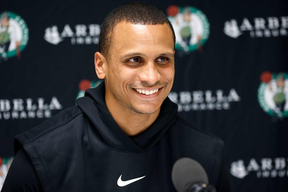 <p>Jared C. Tilton/Getty</p> Joe Mazzulla speaks with the media prior to the game against the Charlotte Hornets on October 07, 2022 in Greensboro, North Carolina