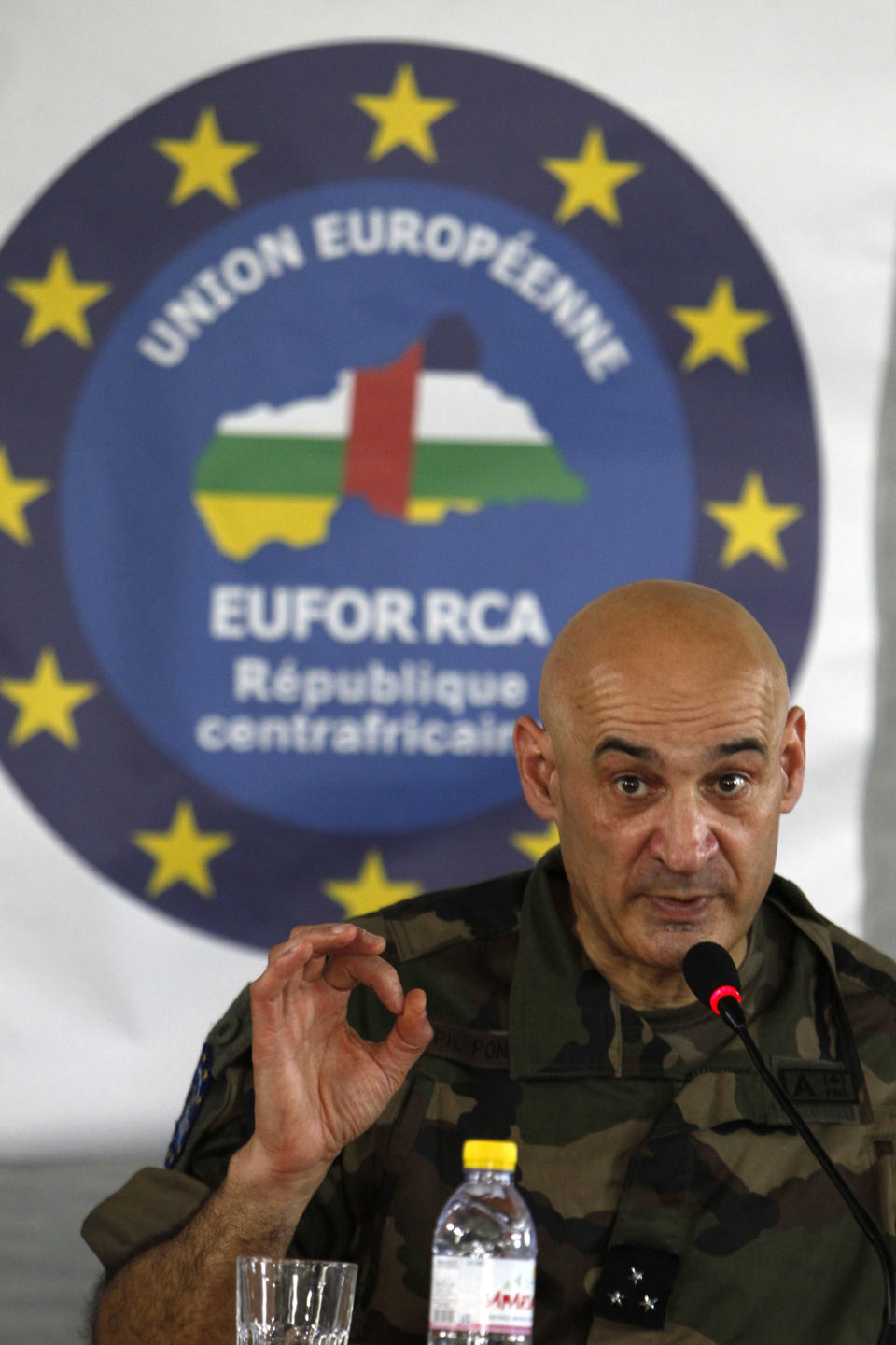 Maj. Gen. Philippe Ponties speaks during a presentation of the operation headquarters of the European Union’s force for the Central African Republic, in the central Greek town of Larissa, Tuesday, May, 13, 2014. The force recently began deploying in the African country’s capital, and currently has 235 troops, mainly securing the airport. It expects to have more than 800 troops on the ground by mid-June for a six-month deployment. The Central African Republic has been wracked by sectarian bloodshed for months, leaving thousands dead and forcing nearly 1 million people to flee their homes.(AP Photos/Nikolas Giakoumidis)