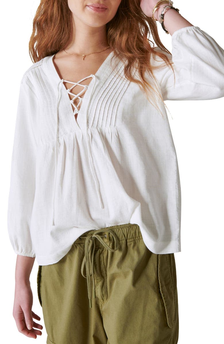 Lace-Up Cotton Peasant Blouse