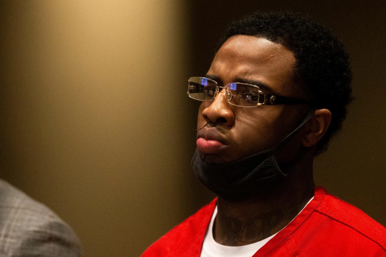 Justin Johnson, the man accused of shooting Young Dolph, stands for an appearance in the Shelby County Criminal Court in Memphis, Tenn., on Friday, July 14, 2023. 