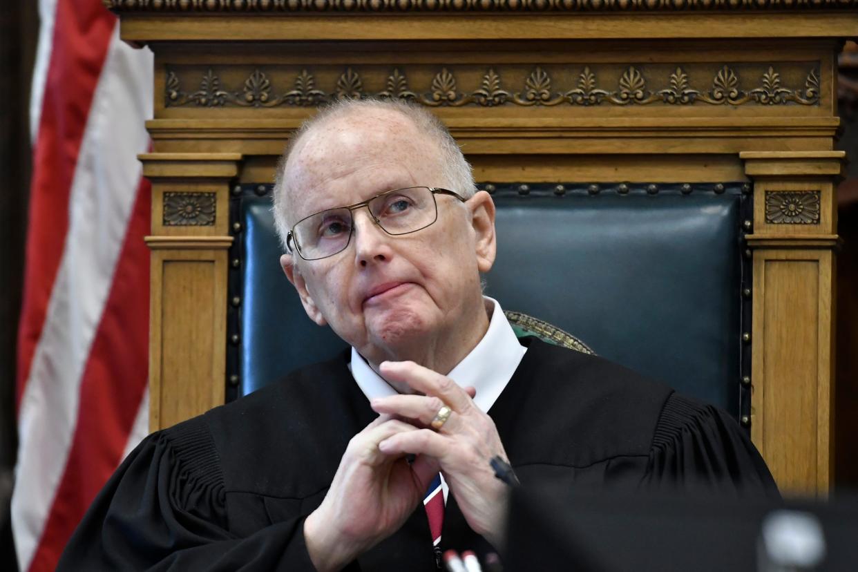 Judge Bruce Schroeder listens to attorneys before the jury is let into the room for Kyle Rittenhouse's trial at the Kenosha County Courthouse Tuesday in Kenosha.