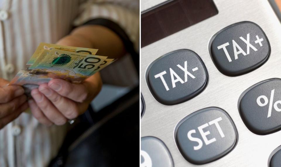 Compilation image of hands counting cash and tax- and tax+ buttons on a calculator