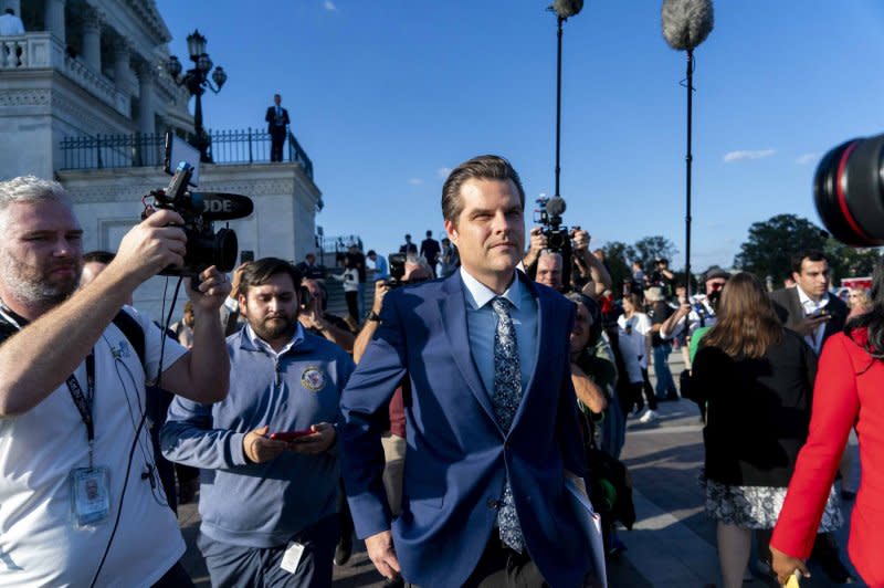 Rep. Matt Gaetz, R-Fla., leaves the U.S. Capitol after successfully leading a vote to remove Rep. Kevin McCarthy from the office of Speaker of the House in Washingtonon Tuesday. Photo by Bonnie Cash/UPI
