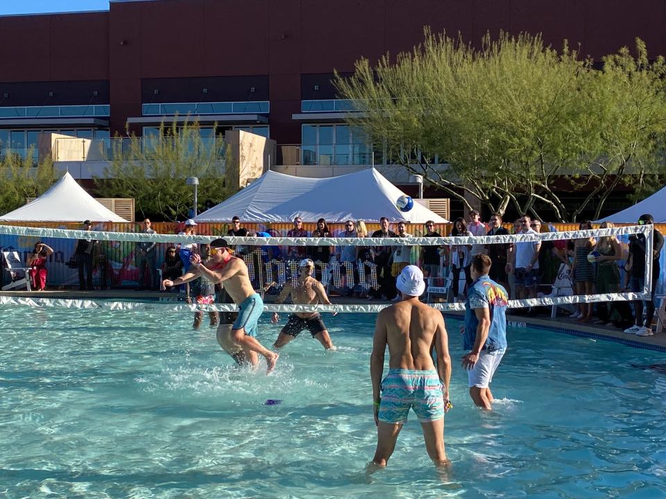 Rob Gronkowski takes part in a pool volleyball game at Gronk Beach.