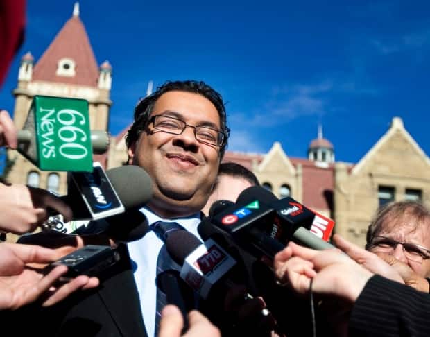 Calgary Mayor Naheed Nenshi speaks to the media the day after being elected in October 2010. He announced on Tuesday that he won't seek re-election after serving three terms.  (Jeff McIntosh/The Canadian Press - image credit)