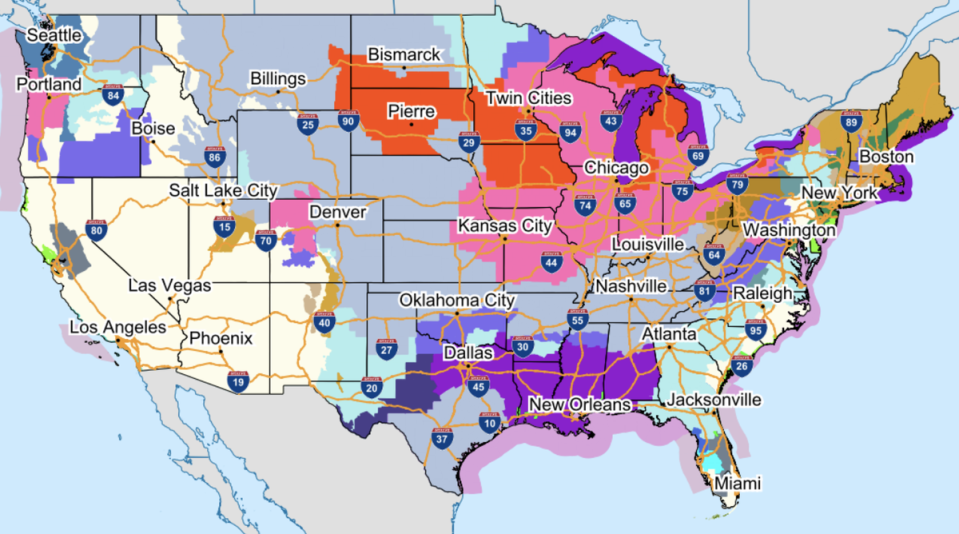 Most of the US was under winter weather warnings or advisories by Thursday morning (NWS)