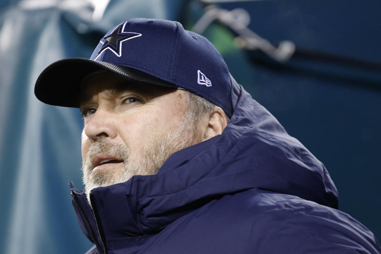 PHILADELPHIA, PENNSYLVANIA - JANUARY 08: Head coach Mike McCarthy of the Dallas Cowboys looks on against the Philadelphia Eagles at Lincoln Financial Field on January 08, 2022 in Philadelphia, Pennsylvania. (Photo by Tim Nwachukwu/Getty Images)