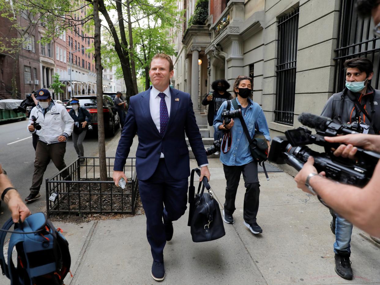 Andrew Giuliani, son of Former New York City Mayor Rudy Giuliani, exits his father’s apartment in Manhattan on April 28, 2021.  (REUTERS)