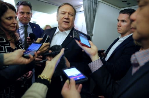 Pompeo talks to journalists on his plane as he flies to Kuwait