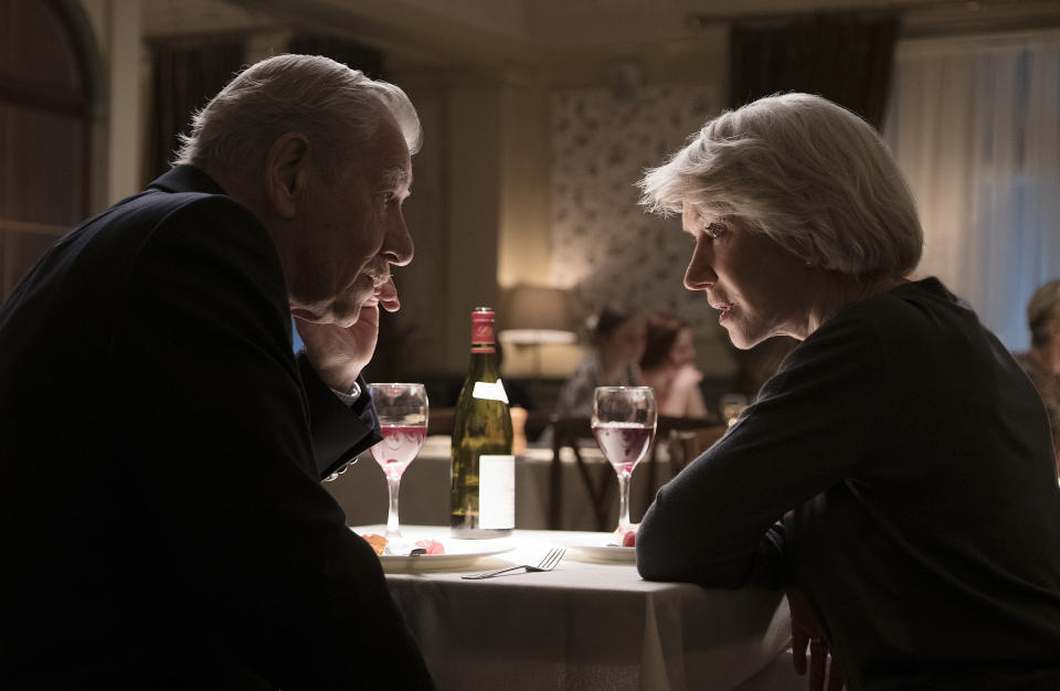 This image released by Warner Bros. Pictures shows Ian McKellen, left, and Helen Mirren in a scene from "The Good Liar," in theaters on Nov. 15. (Warner Bros. Pictures via AP)