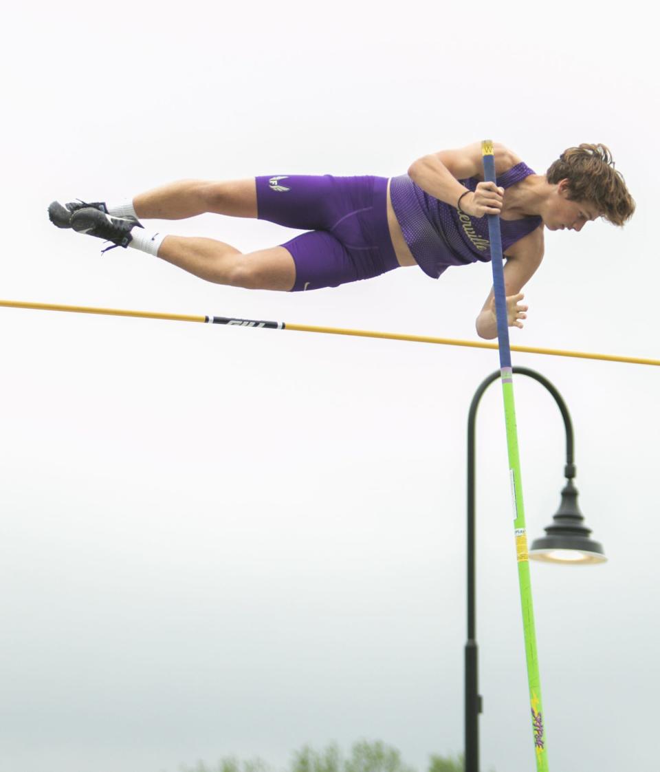 Adam Aeschliman of Fowlerville finished second in pole vault at the CAAC Red track and field meet at Lansing Eastern Wednesday, May 25, 2022.