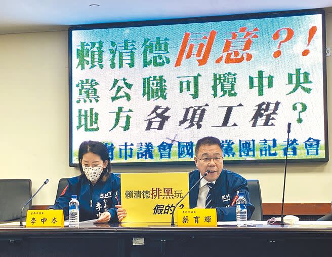 台南市議會國民黨團書記長蔡育輝（右）呼籲民進黨主席賴清德如要排黑，請從台南開始。（曹婷婷攝）