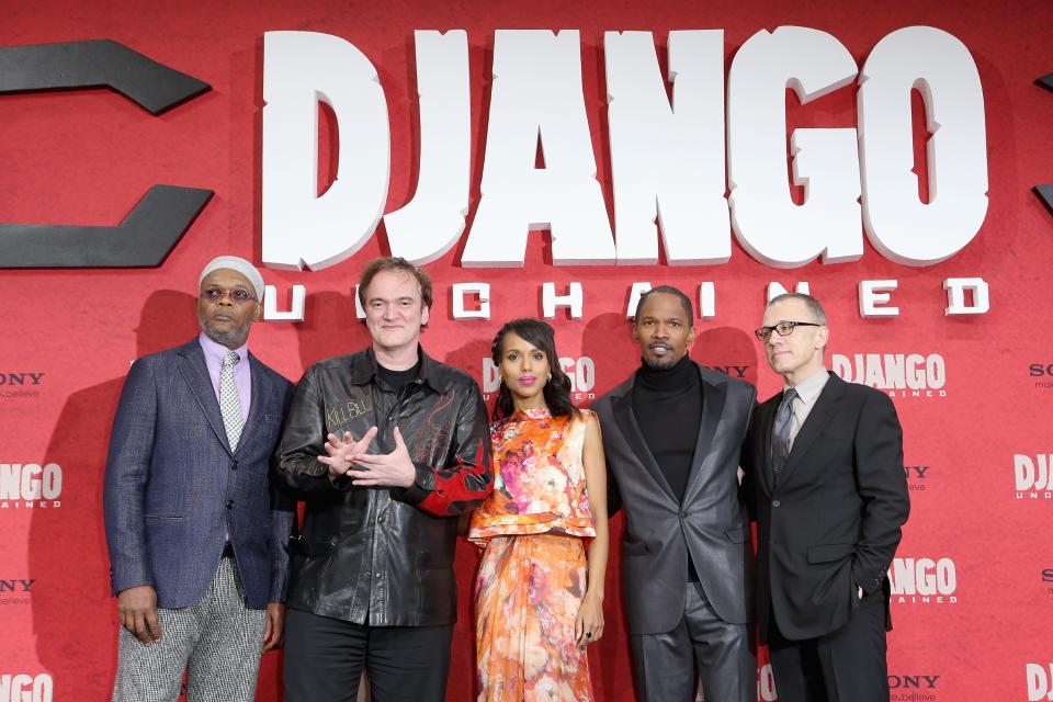 BERLIN, GERMANY - JANUARY 08: Samuel L. Jackson, Quentin Tarantino, Kerry Washington, Jamie Foxx and Christoph Waltz attend 'Django Unchained' Berlin Premiere at Cinestar Potsdamer Platz on January 8, 2013 in Berlin, Germany. (Photo by Sean Gallup/Getty Images for Sony Pictures)