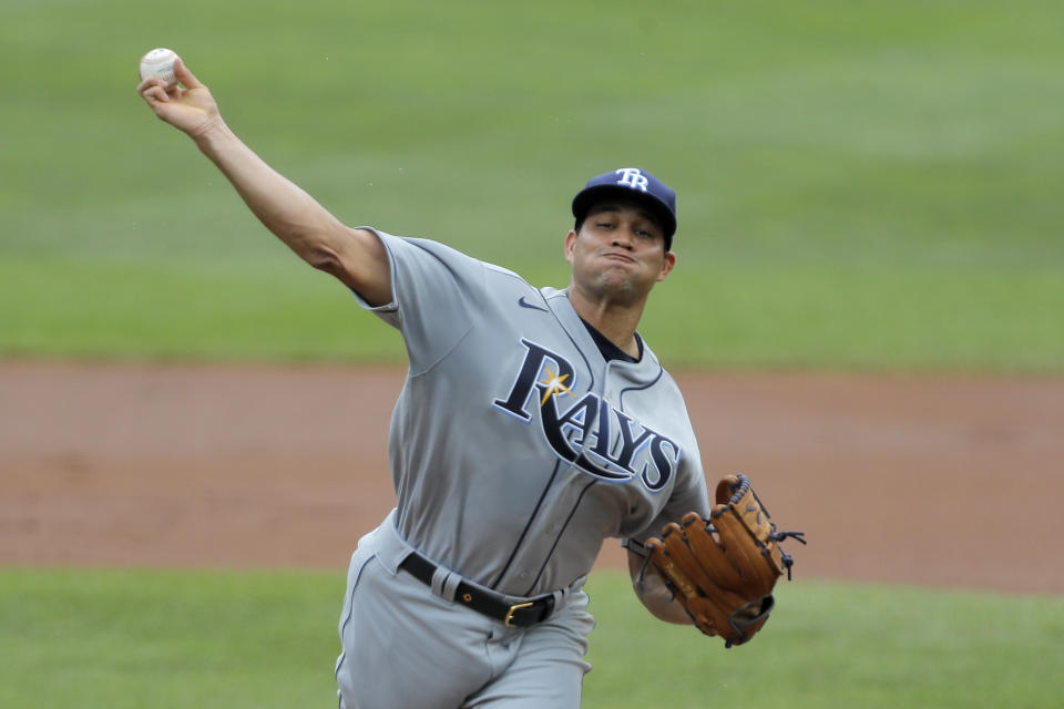 Tampa Bay Rays relief pitcher Yonny Chirinos throws a pitch to the Baltimore Orioles during the first inning of a baseball game, Sun, Aug. 2, 2020, in Baltimore. (AP Photo/Julio Cortez)