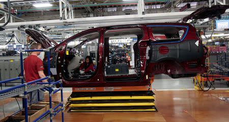 The frame of the all-new 2017 Chrysler Pacifica minivan rolls down the assembly line at the FCA Windsor Assembly plant in Windsor, Ontario, May 6, 2016. REUTERS/Rebecca Cook