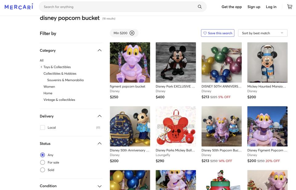 Disney popcorn buckets being sold on Mercari for $200+ as of 4/15/2022.